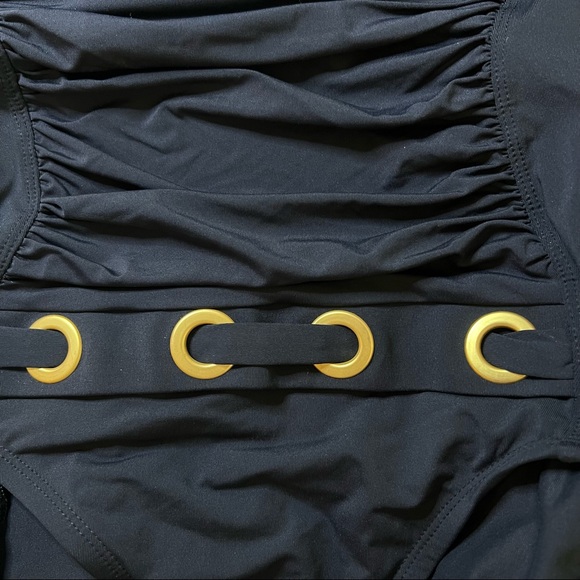 Bleu Rod Beattie One Piece Black Swimsuit with Ruching & Gold Tone Accen… - Picture 6 of 13